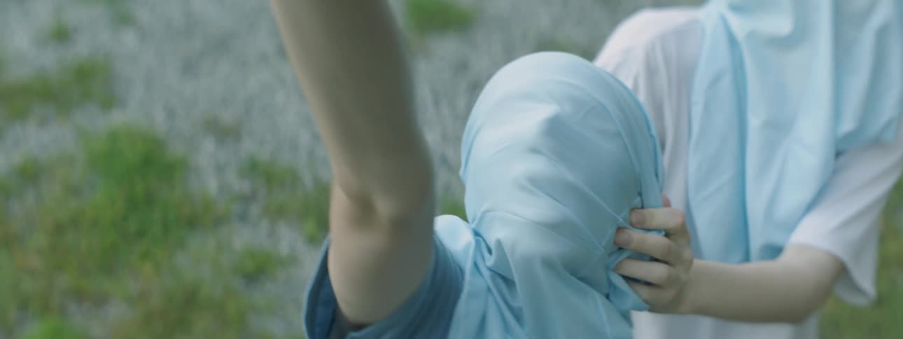 Person holds a hood over someone's head