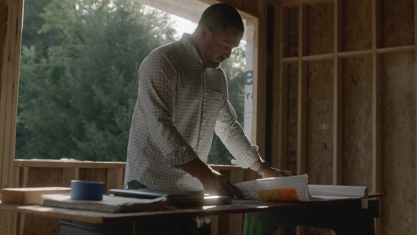 A man looks at blueprints at a construction site
