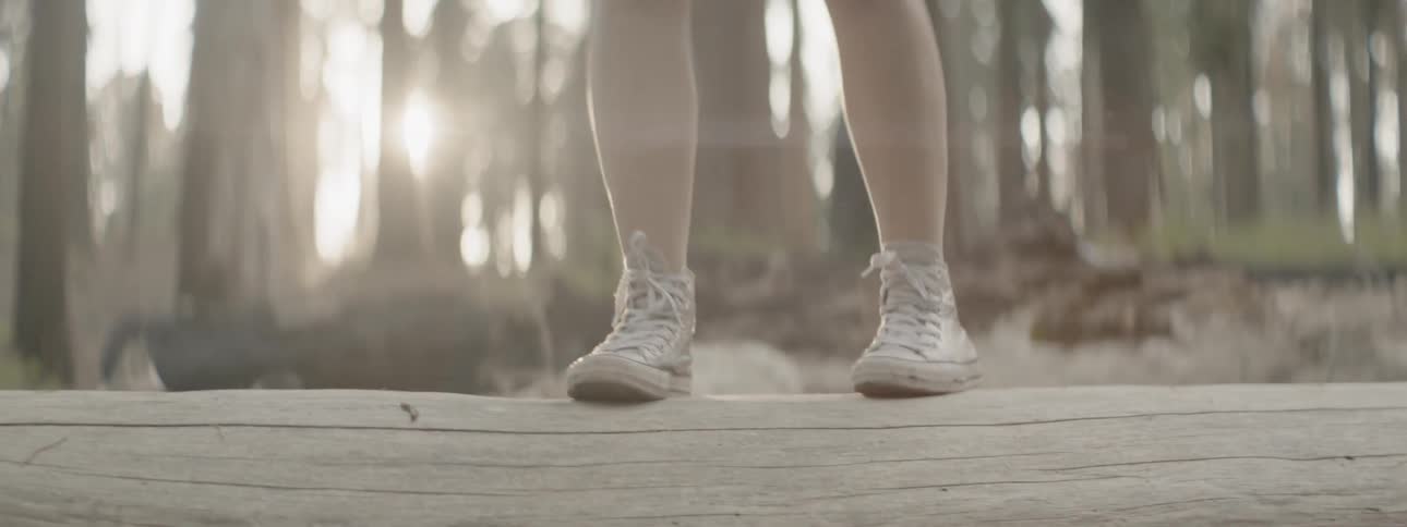 Person walking on fallen log in forest