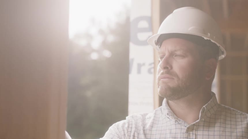 A man works wearing a hard hat