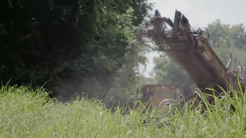 Machinery spills dirt into the woods