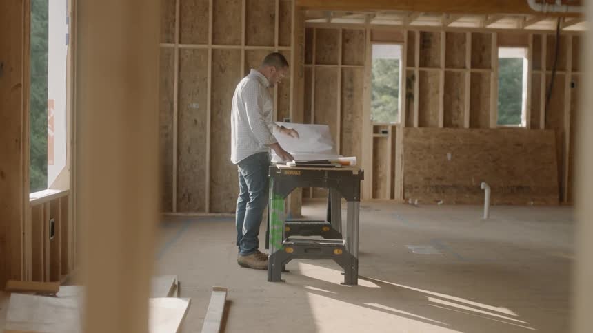Man Looks At Blueprints For A Construction Site