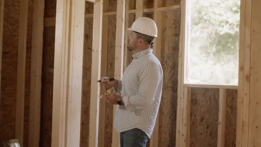 Man Looks At Blueprints For A Construction Site