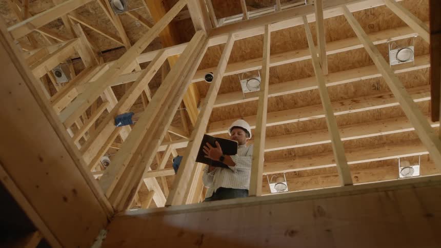 Man wearing a hard hat carries a book as he walks in a room