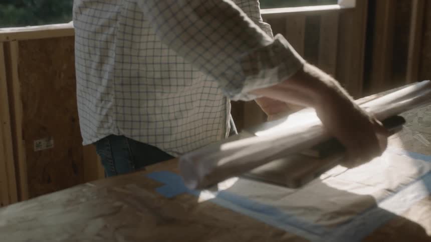 Man Looks At Blueprints For A Construction Site
