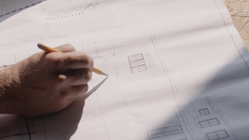 The man is writing on blue prints