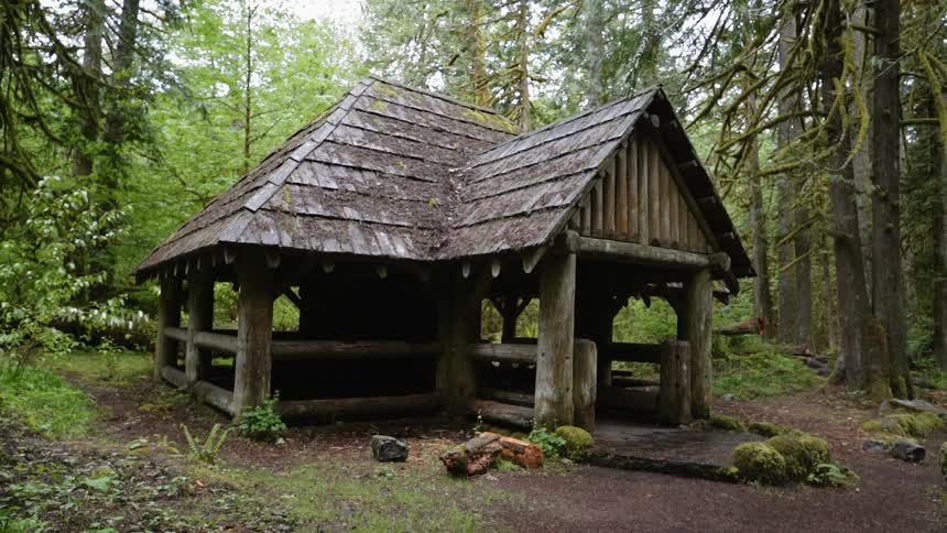 An old wood building stands in a forest