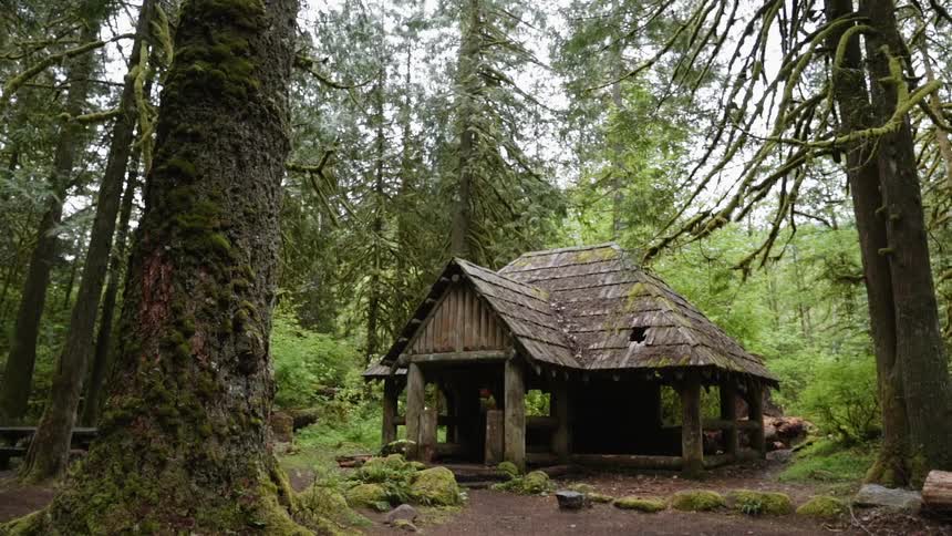 An old wood building stands in a forest