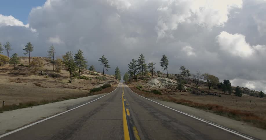 A vehicle travels down a road in the wilderness