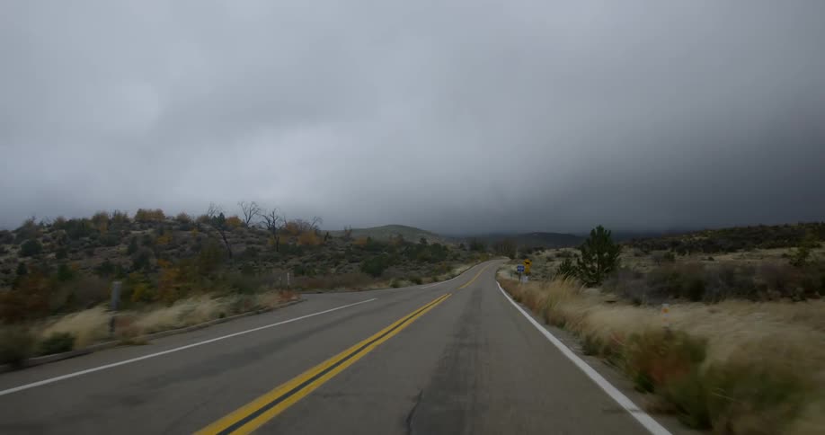 A vehicle travels down a road in the wilderness