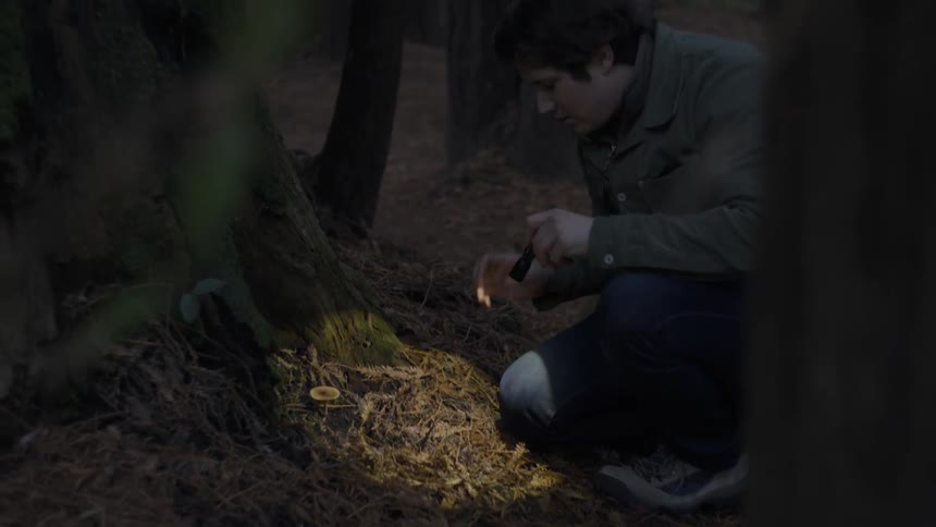 A man digs for a mushroom while holding a flashlight and magnifying glass