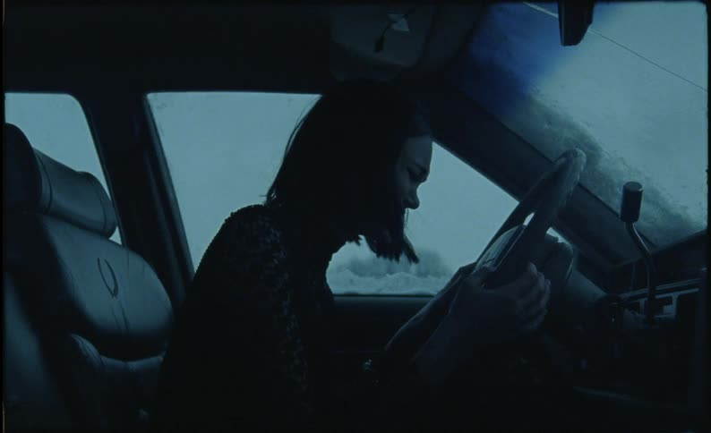 A woman sits in a car crying and holding a steering wheel