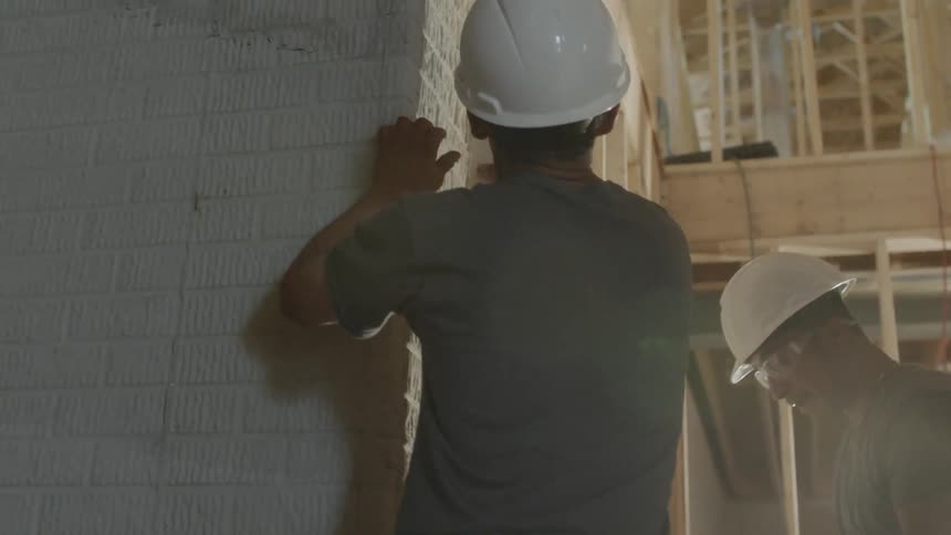 Men set up wooden beams against a concrete wall