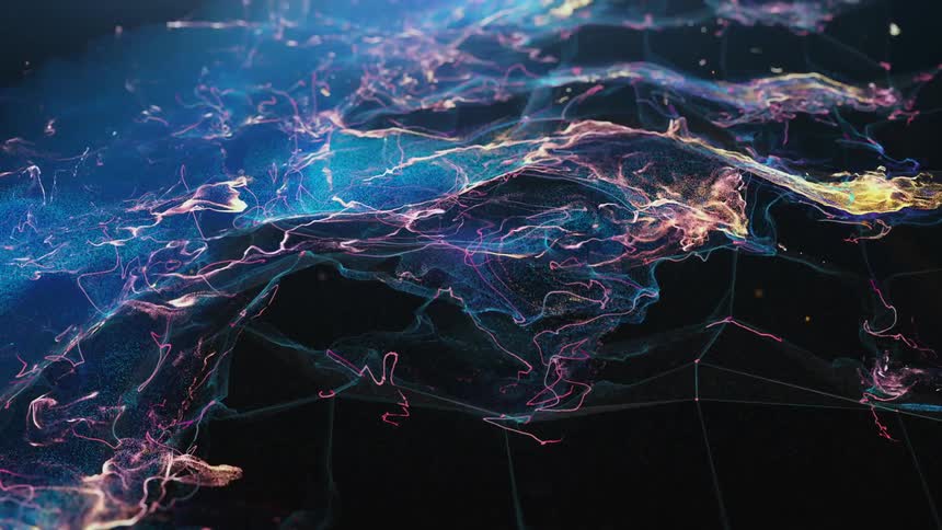 Ribbons of color float and wave on blue