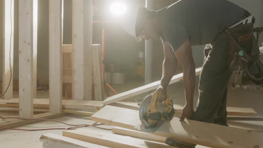 Man cuts the lumbar with a circular saw