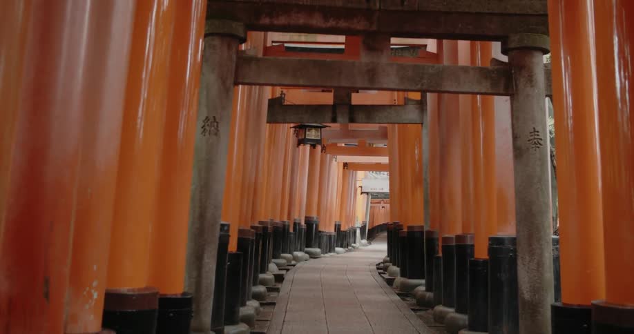 Lanterns hang from red gates covering a stone walkway