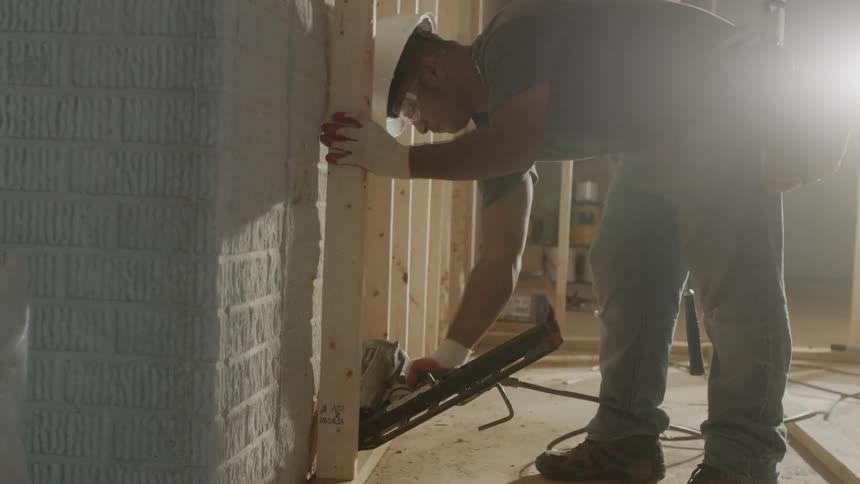 Man wearing a hard hat uses a tool on wooden boards