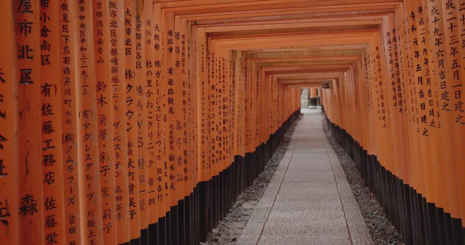 Red gates with asian characters cover a walkway