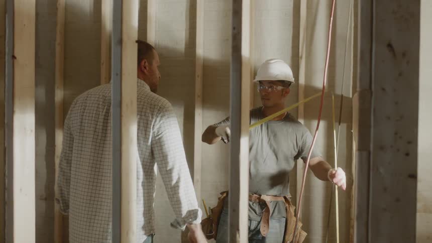A construction worker measures the framing
