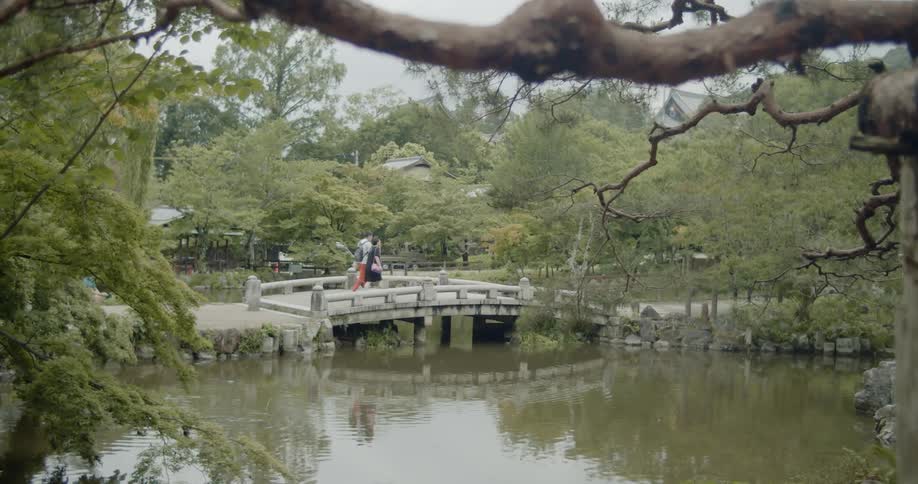 People walk over a park bridge