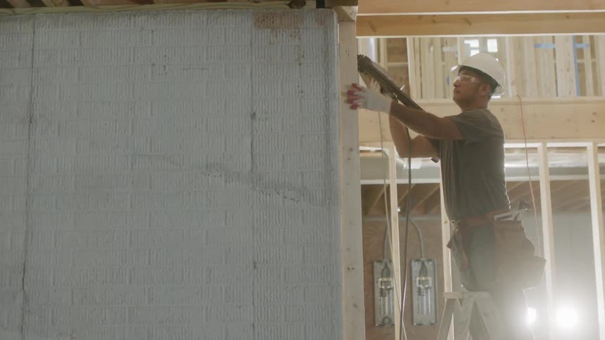 The construction worker is using a nail gun
