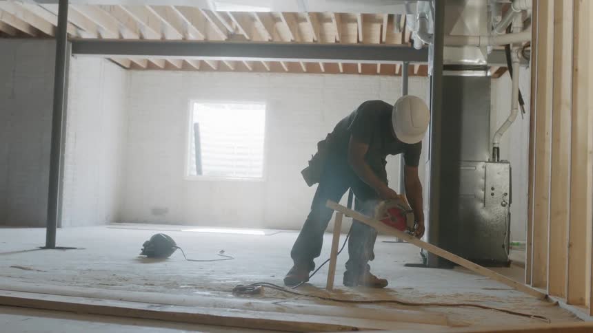 Man uses a circular saw to cut the wood