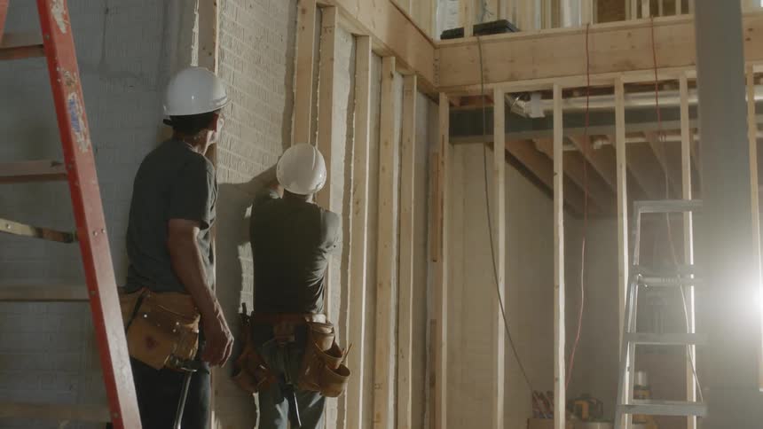 Builders work on a building site