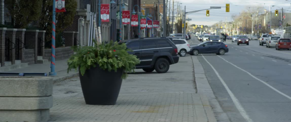 Cars park on a city street