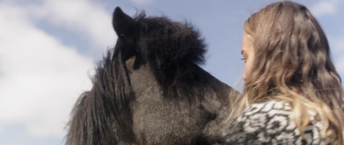 Woman is petting a horse in field on sunny day