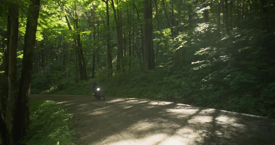 Person riding motorcycle on dirt road in forest area