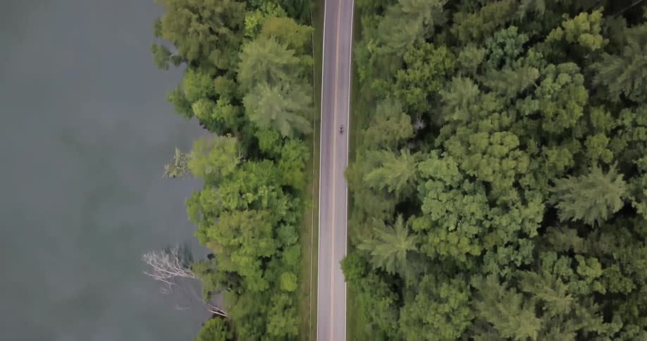 Vehicle travels down a highway near the green trees