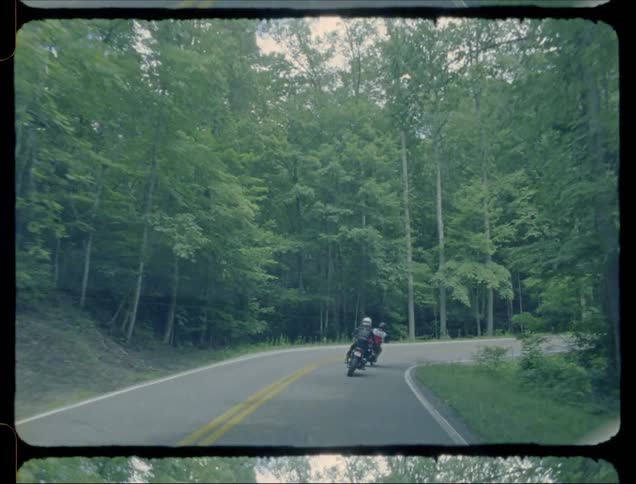 Motorcyclists ride in a forest