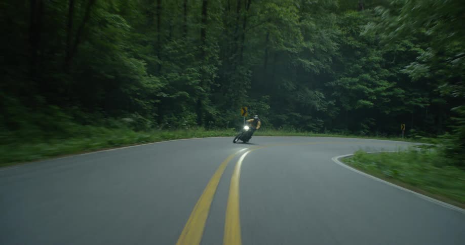 A motorcyclist is driven on a windy forest road