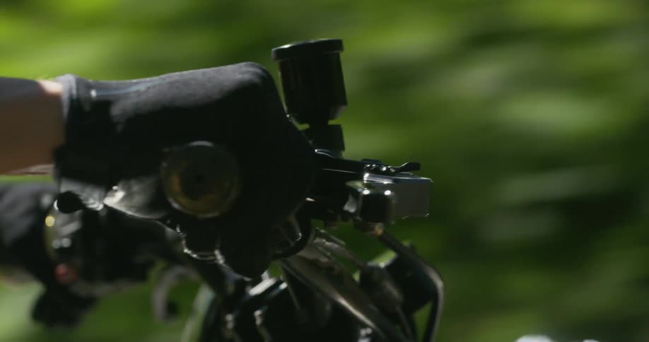 A motorcyclist rides in a forest