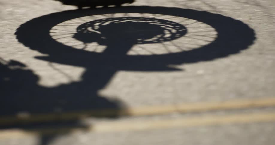 The shadow of a motorcycle traveling on a road