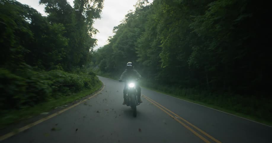 A motorcyclist rides through a forest