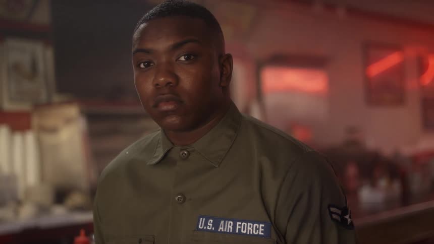 A soldier stands in the diner