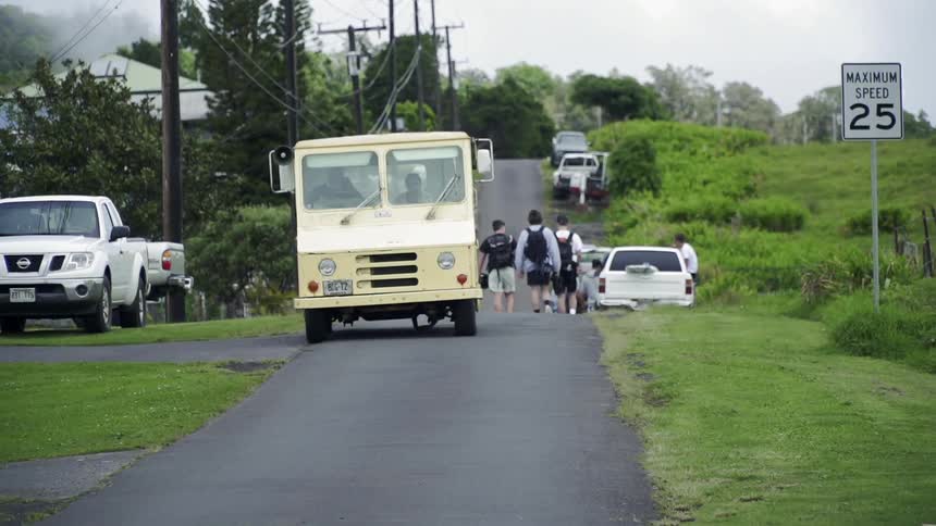 Pedestrians and a truck travel on a rural road