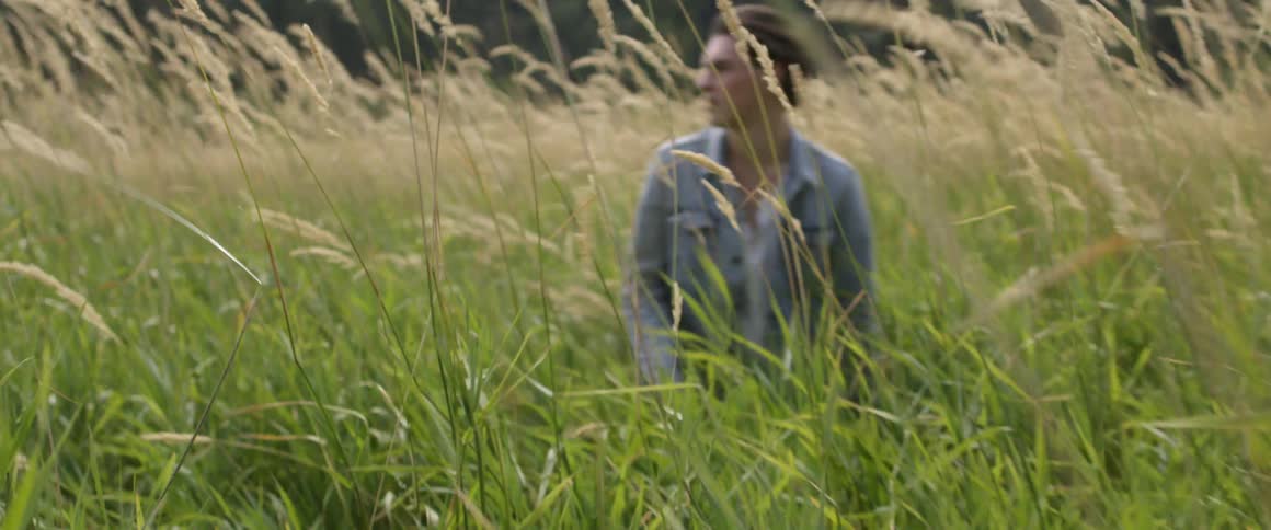 A man walks around in the tall grass