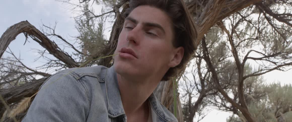 Man sits outside by a tree and puts a weed in his mouth