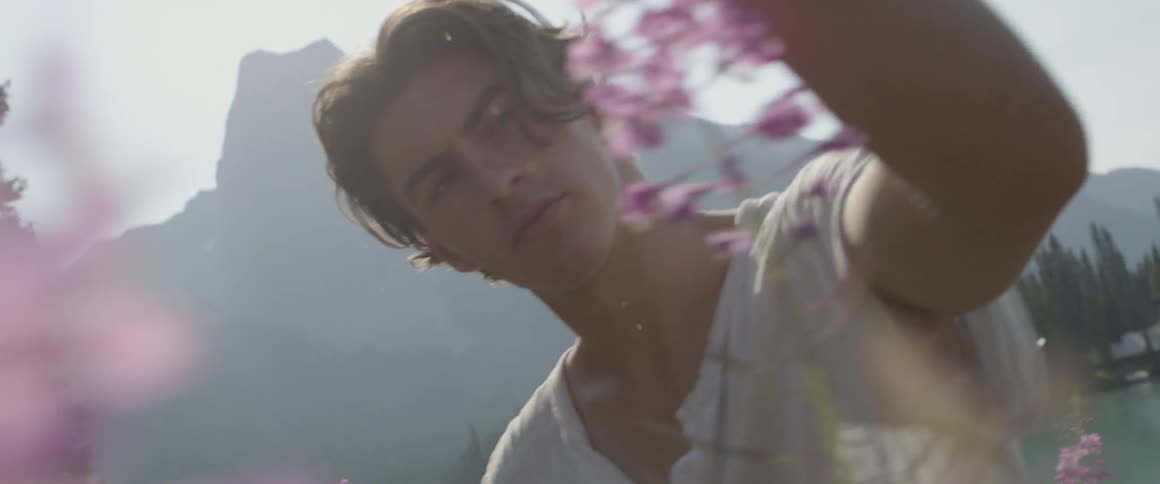 The man touches all of the purple flowers
