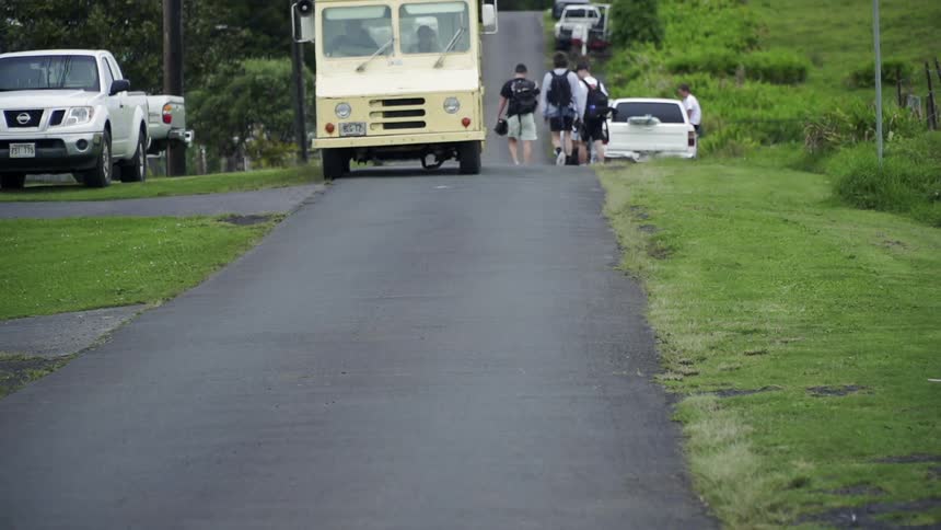 Pedestrians and a truck travel on a rural road