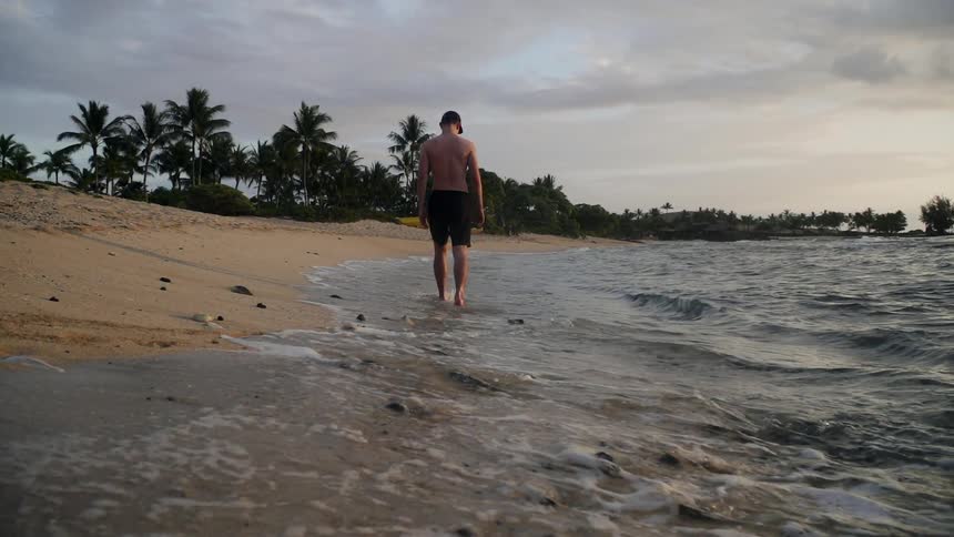 A man walks on the beach shore