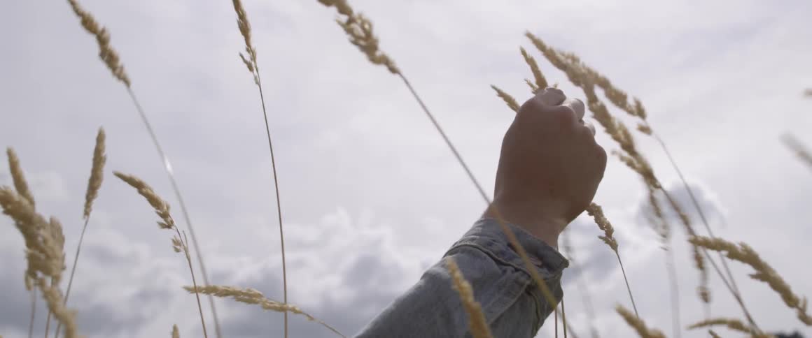 A person reaches their hand up in the cloudy sky