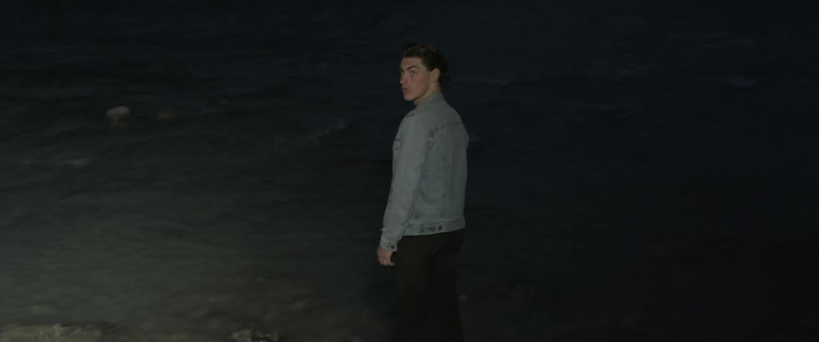 Searchlight passes over man standing in the dark at ocean's edge