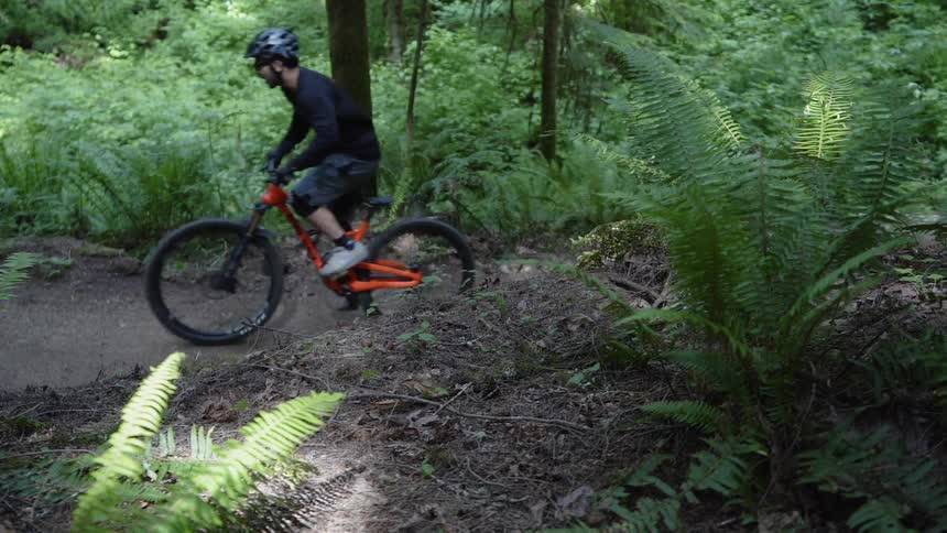 A man rides a mountain bike on a dirt trail in the woods