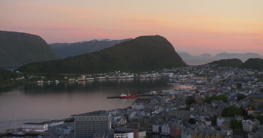 Panning shot of a city on a fjord