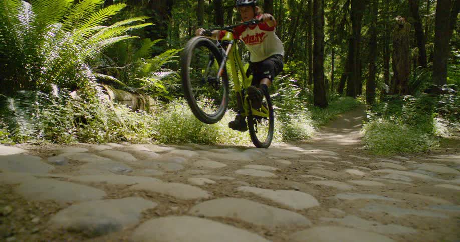 Person does a wheelie on a bike while riding through the woods