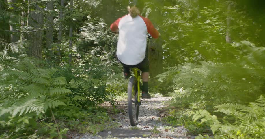 A bicyclist balances on one wheel in a forest