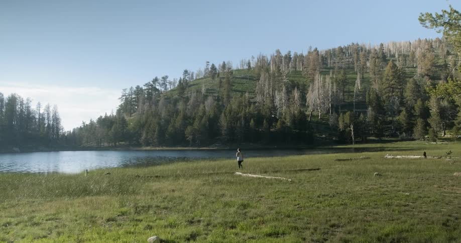 A woman walks towards the lake